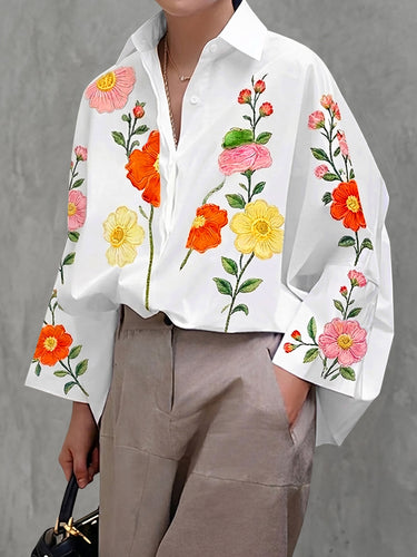 Long Sleeves Loose Buttoned Contrast Color Flower Print Lapel Blouses&Shirts Tops