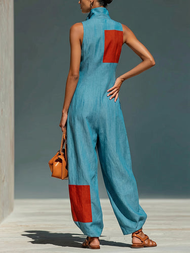 1777799 Loose Wide Leg Contrast Color Pockets Lapel Jumpsuits
