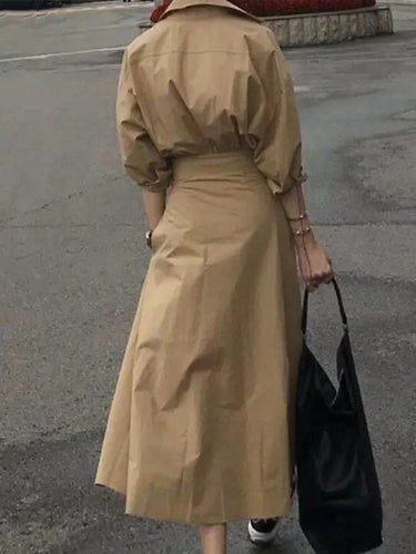 1639629 Loose Puff Sleeves Pleated Solid Color Split-Joint Lapel Maxi Dresses Shirt Dress