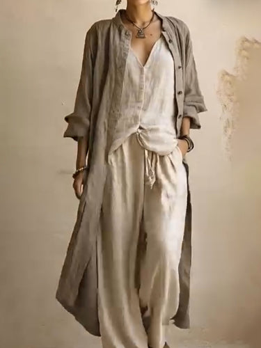 1782040 Long Sleeves Loose Buttoned Pockets Solid Color V-Neck Three Pieces Set
