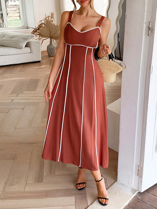 Contrast Color Split-Joint Zipper Long Sleeves Stand Collar Midi Dresses