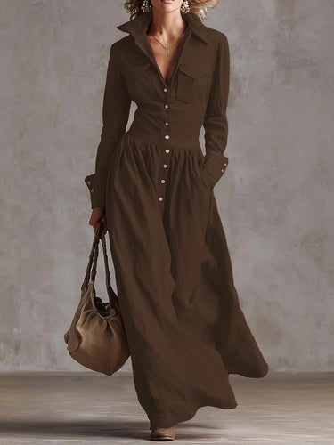 High Waisted Long Sleeves Buttoned Pleated Pockets Solid Color Split-Joint Lapel Maxi Dresses