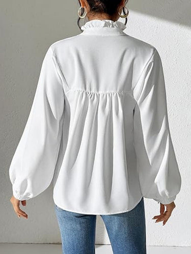 1717754 Long Sleeves Puff Sleeves Pleated Ruffled Solid Color Stand Collar Blouses&Shirts Tops
