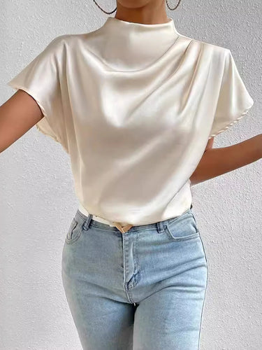 Camisetas de cuello de color sólido de mangas cortas sueltas
