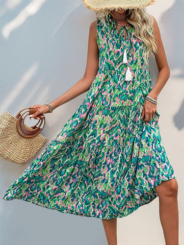 1749514 A-Line Loose Contrast Color Printed Split-Joint V-Neck Maxi Dresses
