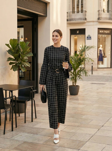 Flared Sleeves Long Sleeves Contrast Color Plaid Split-Joint Round-Neck Blouses&Shirts Tops