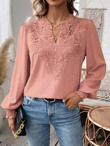 1780429 Balloon Sleeves Long Sleeves Embroidered Hollow Solid Color V-Neck Blouses&Shirts Tops