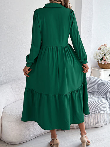 1713657 High Waisted Long Sleeves Pleated Ruffled Solid Color Lapel Midi Dresses Shirt Dress