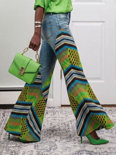 1787549 High Waisted Wide Leg Buttoned Contrast Color Pockets Split-Joint Striped Zipper Jean Pants Bottoms