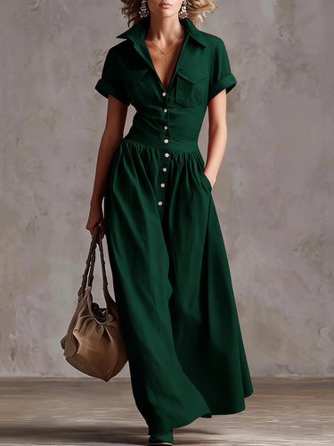 1785446 High Waisted Loose Buttoned Pleated Pockets Solid Color Split-Joint Lapel Maxi Dresses