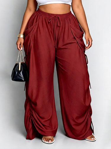 1785467 High Waisted Loose Drawstring Elasticity Pockets Split-Joint Pants Trousers
