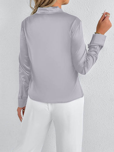 1729010 Long Sleeves Loose Solid Color Split-Joint Streamer Scarf Collar Blouses&Shirts Tops