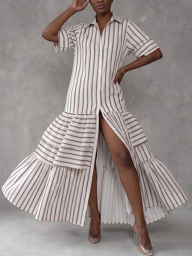 Half Sleeves Loose Buttoned Contrast Color Pleated Split-Joint Striped Lapel Maxi Dresses Shirt Dress