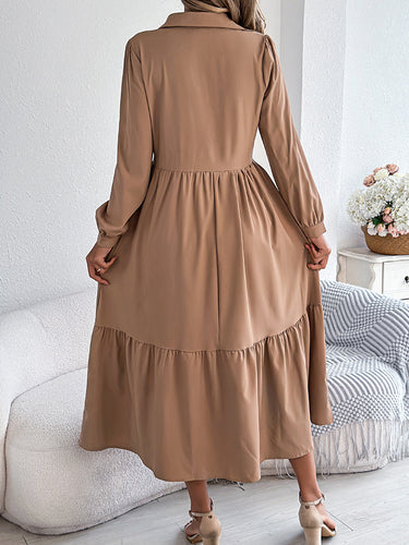 1713666 High Waisted Long Sleeves Pleated Ruffled Solid Color Lapel Midi Dresses Shirt Dress