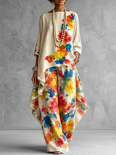 1781397 High-Low Loose Asymmetric Contrast Color Printed Boat Neck Blouses&Shirts Tops