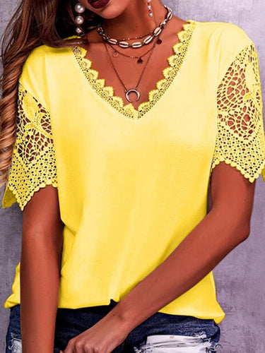 1752754 Losse grote maten holle effen kleur split-joint V-hals T-shirts tops
