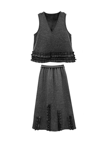 1734777 Contrast Color Ruffled Split-Joint V-Neck Vest Top + Elasticated Waist High Waisted Pleated Skirts Bottoms Two Pieces Set
