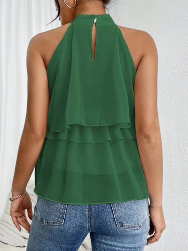 1780318 Sleeveless Hollow Ruffle Trim Solid Color Split-Joint Halter-Neck Tank Top