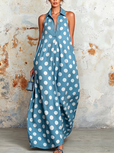 1785731 A-Line Loose Buttoned Contrast Color Pleated Polka Dot Lapel Maxi Dresses