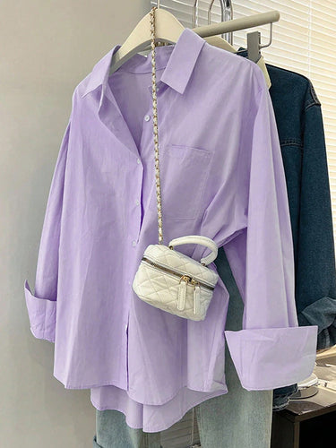 1720410 Long Sleeves Loose Buttoned Pockets Solid Color Lapel Blouses&Shirts Tops