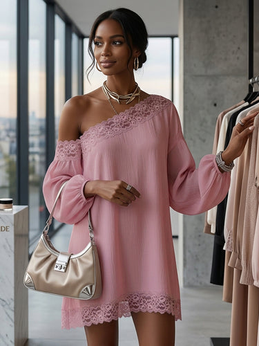 Long Sleeves Loose Solid Color Split-Joint One-shoulder Mini Dresses