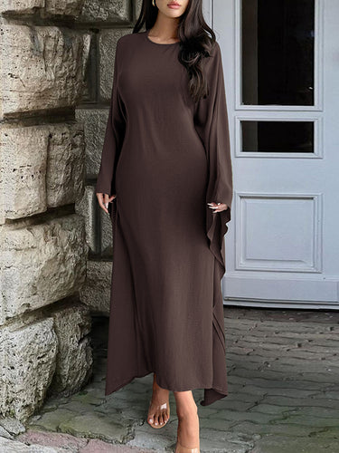 1717853 Batwing Sleeves Long Sleeves Solid Color Round-Neck Maxi Dresses