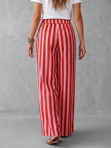1784996 High Waisted Loose Contrast Color Drawstring Elasticity Pockets Striped Pants Trousers