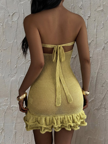 1783273 Bodycon High Waisted Backless Ruffled Solid Color Split-Joint Tied Tube Mini Dresses
