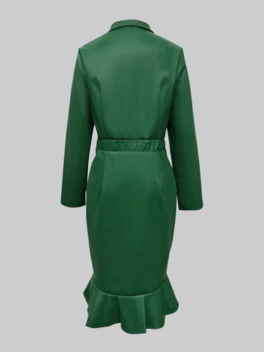 Bodycon Long Sleeves Buttoned Elasticity Ruffle Trim Solid Color Split-Joint Lapel Midi Dresses