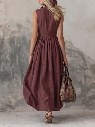 1778557 High Waisted Loose Buttoned Pleated Solid Color Lapel Maxi Dresses
