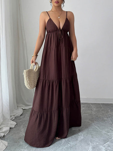 1766175 A-Line Sleeveless Backless Drawstring Pleated Solid Color Spaghetti-Neck Maxi Dresses