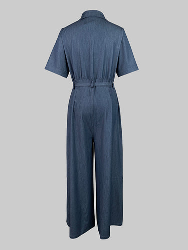 Short Sleeves Solid Color Tied Waist V-Neck Denim Jumpsuits