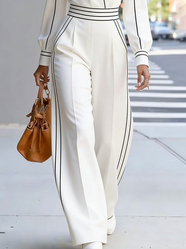 High Waisted Long Sleeves Contrast Color Pleated Pockets Notched Collar Jumpsuits