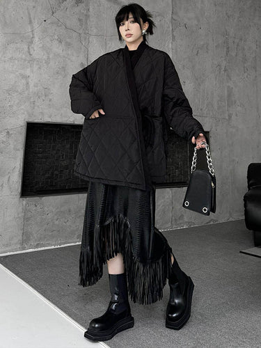 1720266 Long Sleeves Loose Plaid Quilted Solid Color Split-Joint Tied Collarless Outerwear Padded Coat