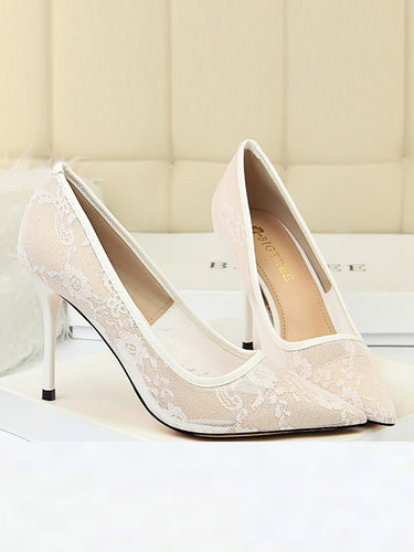 1748804 Flower Print Hollow Pointed-Toe Split-Joint Pumps