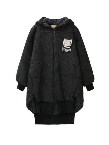 1720047 High-Low Irregularity Abstract Printed Contrast Color Split-Joint Zipper Hooded Outerwear Overcoat