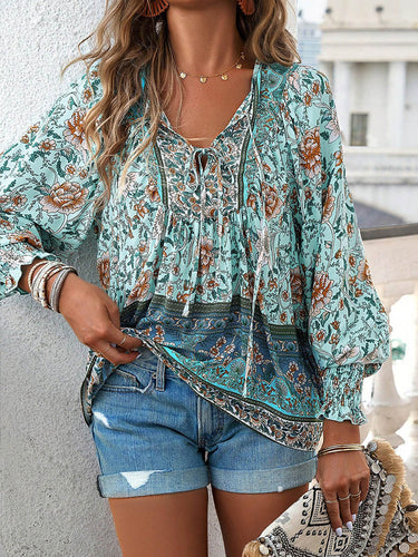 1744064 Long Sleeves Loose Contrast Color Drawstring Flower Print Pleated Split-Joint V-Neck Blouses&Shirts Tops