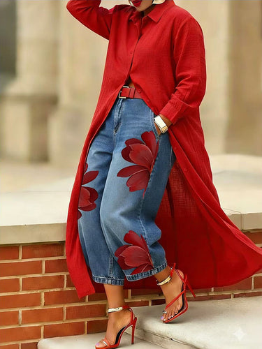 Pantalones vaqueros holgados con pierna ancha y estampado de flores, sin cinturón, bolsillos, pantalones noveno