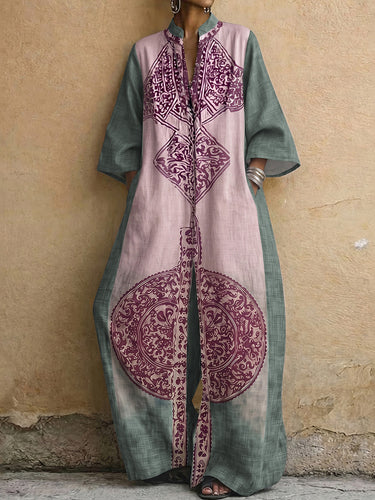 Loose Three-Quarter Sleeves Contrast Color Ethnic Printed Pockets V-Neck Jumpsuits