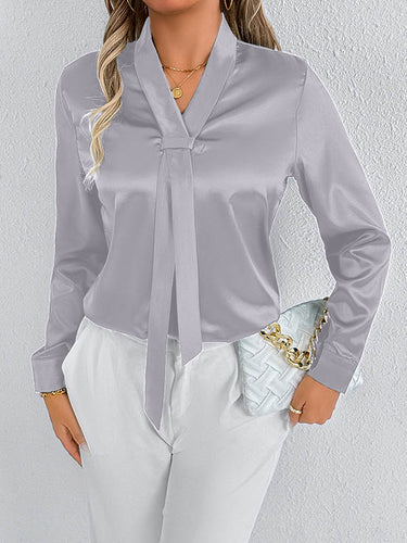 1729012 Long Sleeves Loose Solid Color Split-Joint Streamer Scarf Collar Blouses&Shirts Tops