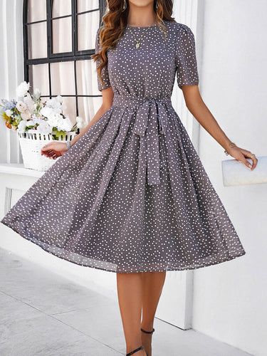 1746068 A-Line Elasticated Waist Contrast Color Polka Dot Split-Joint Tied Waist Round-Neck Midi Dresses