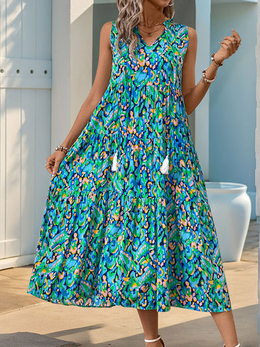 1749541 A-Line Loose Contrast Color Printed Split-Joint V-Neck Maxi Dresses