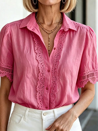 1777293 Plus Size Short Sleeves Buttoned Hollow Pleated Solid Color Lapel Blouses&Shirts Tops