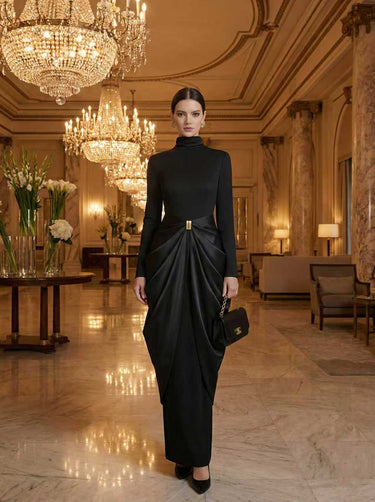 Long Sleeves Buckle Draped High-Neck Evening Dresses Maxi Dresses