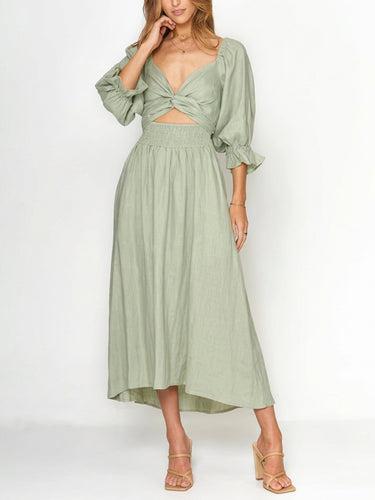 1784407 High Waisted Long Sleeves Elasticity Pleated Solid Color V-Neck Midi Dresses