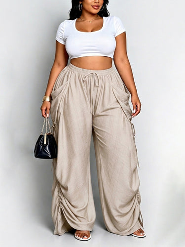 1785469 High Waisted Loose Drawstring Elasticity Pockets Split-Joint Pants Trousers