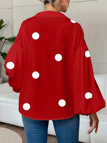 1780296 Long Sleeves Loose Contrast Color Pleated Polka Dot Split-Joint Lapel Blouses&Shirts Tops