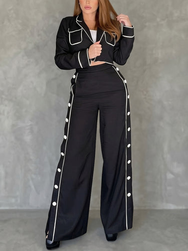 1777482 High Waisted Wide Leg Buttoned Contrast Color Line Pockets Pants Trousers