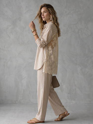 1784688 High-Low Long Sleeves Buttoned Pockets See-Through Split-Joint Striped Lapel Blouses&Shirts Tops