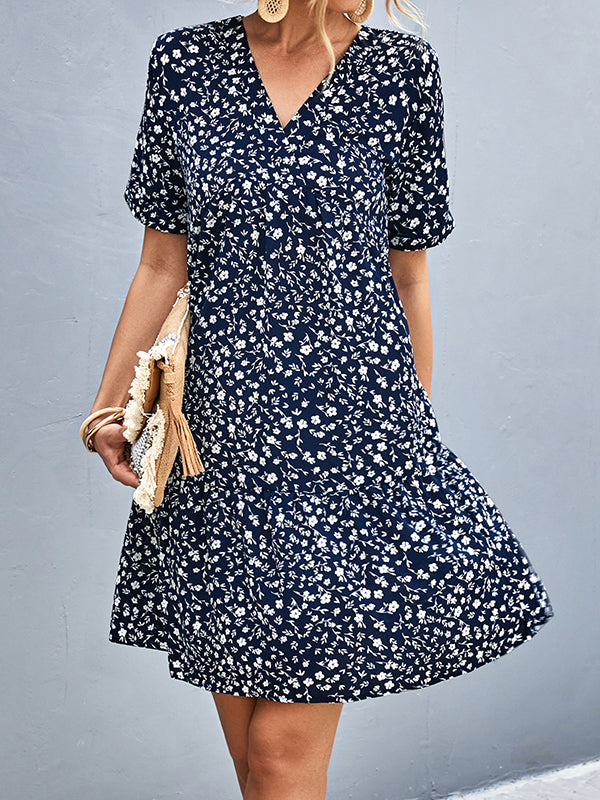 Long Sleeves Loose Buttoned Flower Print Split-Joint V-Neck Mini Dresses
